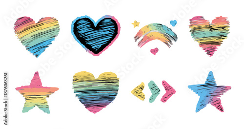 다양한 색상의 하트와 별 모양 아이콘 세트, 투명한 배경에 귀여운 그림 스타일