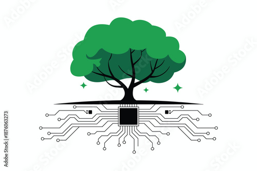 Digital Roots Nurturing Technology and Nature, green technology concept
