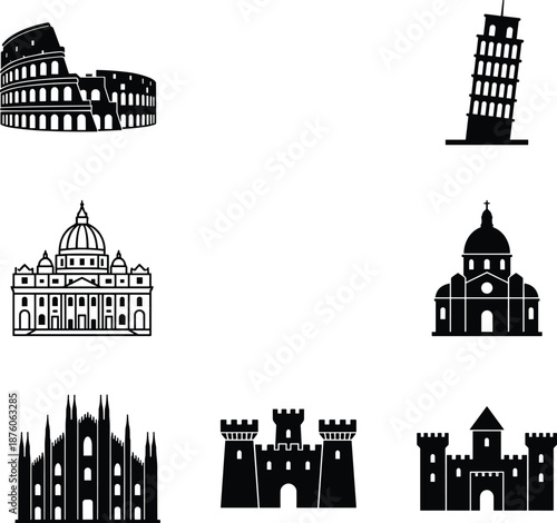 Famous European landmarks silhouette vector illustration, Colosseum, Pisa tower, cathedral and castle icons set, historic architecture collection isolated on white background