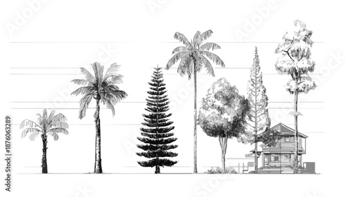 다양한 크기와 종류의 나무와 식물들이 줄지어 서 있는 흑백 일러스트레이션, 비교를 위한 스케일 표시