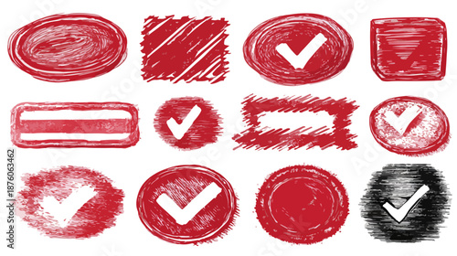 다양한 모양의 빨간색 체크 표시 아이콘 세트, 투명한 배경에 흰색 체크 표시가 그려져 있습니다.