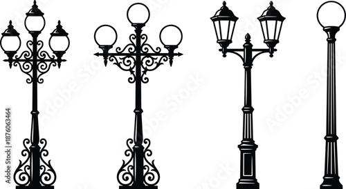 Vintage street lamp silhouette vector illustration, decorative outdoor lantern light posts collection, classic urban lighting elements isolated on white background design