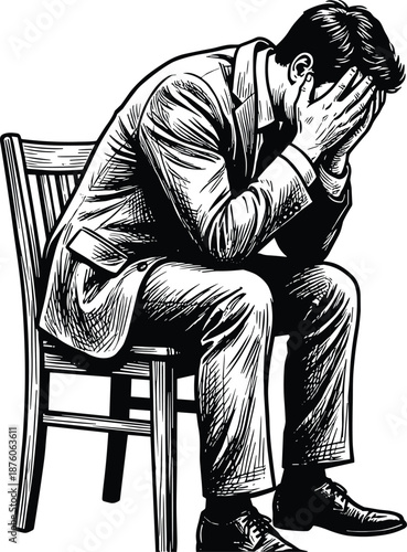 Depressed businessman sitting on chair illustration, stressed man covering face with hands, anxiety mental health concept, detailed vintage line art style