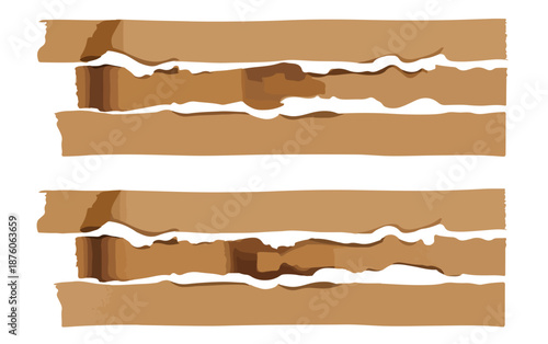 갈라진 판지 상자 두 개, 흰색 배경에 분리된 투명한 질감으로 찢어진 모습
