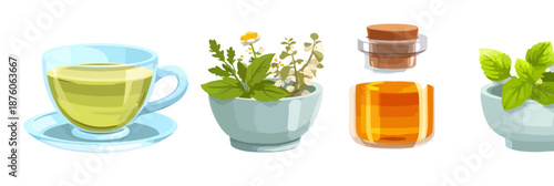 투명한 찻잔에 담긴 허브차와 신선한 허브, 꿀이 담긴 병이 건강한 음료와 자연 치유를 상징합니다.