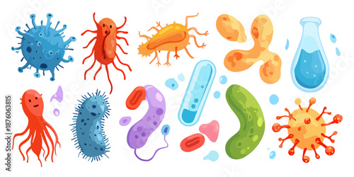 다양한 모양과 색상의 귀여운 만화 스타일의 세균, 바이러스, 미생물 컬렉션