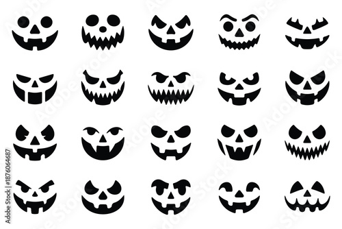 Jack o lantern face silhouette with round eyes, halloween pumpkin carving stencil, halloween facial expression illustration vector isolated 160