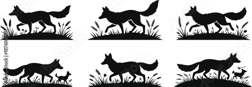 Set of Minimalist black fox hunting in a field silhouette vector icon