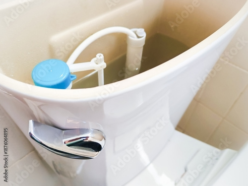 Wallpaper Mural Toilet tank inside mechanism with flush lever for repair Torontodigital.ca