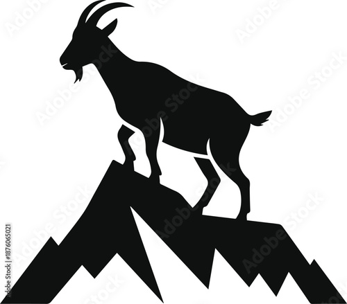 Minimalist black goat standing on mountain peak silhouette vector icon