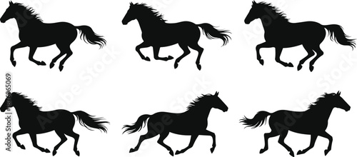 Set of Minimalist black horse running at full speed silhouette vector icon