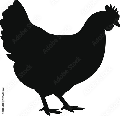 Minimalist black chicken pecking at ground silhouette vector icon