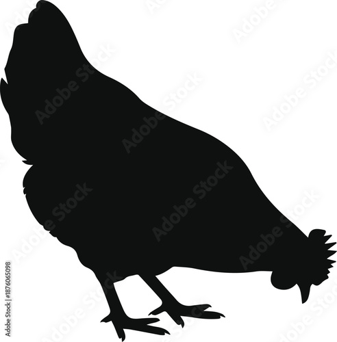 Minimalist black chicken pecking at ground silhouette vector icon
