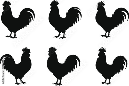 Set of Minimalist black rooster crowing silhouette vector icon