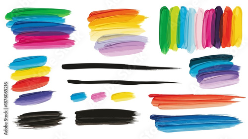 Collection of vibrant watercolor paint strokes and bold black brush lines on a clean white background, showcasing various artistic textures and colors.