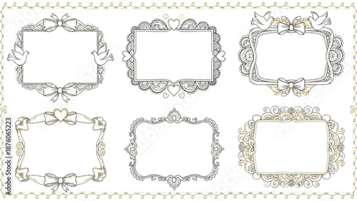 Six hand-drawn ornate frames with bows, hearts, and doves, perfect for vintage designs and elegant invitations.