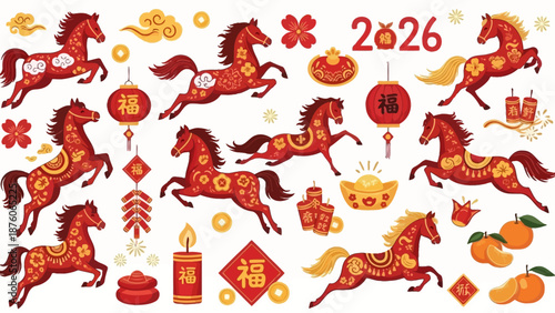 Collection of vibrant red horses and traditional Chinese New Year decorations for the 2026 Year of the Horse celebration, featuring lanterns, firecrackers, and gold ingots.
