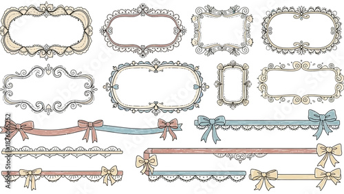 Collection of ornate vintage lace frames and decorative ribbon borders with bows in pastel colors, perfect for elegant designs.