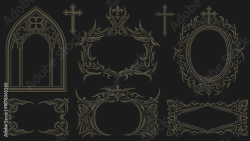 Collection of intricate gothic frames, ornate borders, and a pointed arch window with crosses on a dark background, showcasing vintage decorative design elements.