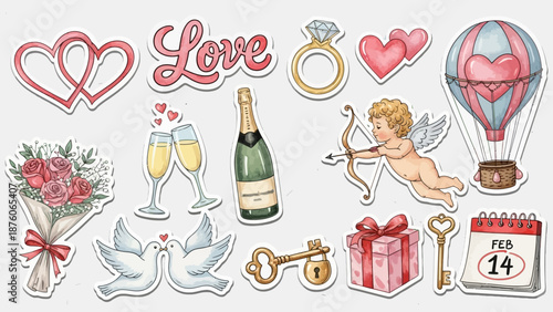 Collection of Valentine's Day elements, including love symbols, romantic gestures, and festive decorations perfect for expressing affection and celebrating love