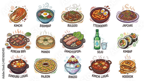 Assorted Korean cuisine illustrations featuring traditional dishes on a textured background