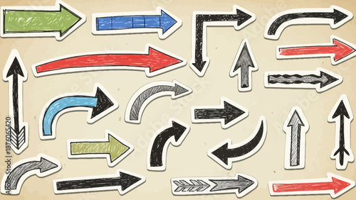 A versatile collection of rustic hand-drawn doodle arrows, displaying various directions and unique sketchy styles for creative graphic design projects