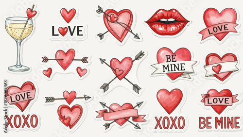 Set of Valentine's Day illustrations including hearts, lips, and celebratory drinks, perfect for romantic designs