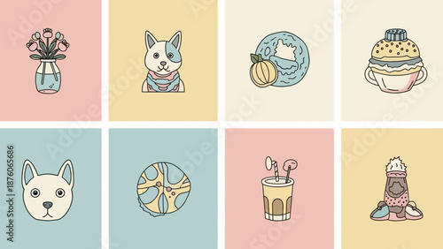 A grid of eight pastel-colored flat design illustrations featuring dogs, plants, desserts, and golf equipment in a minimalist style.