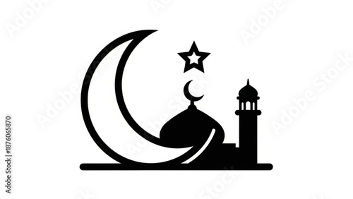 Islamic mosque silhouette with crescent moon and star symbol