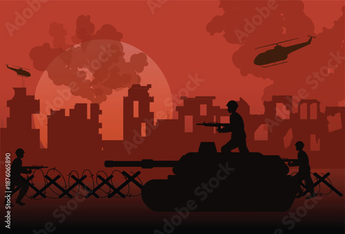 Landscape of a destroyed city with barbed wire in the foreground.