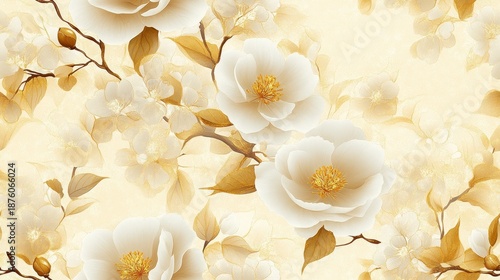 Elegant Floral Pattern with White Flowers and Soft Golden Accents on Cream Background