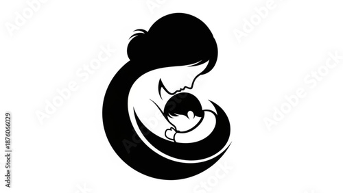 Mother cuddling baby in black and white illustration