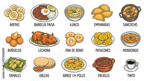 Assorted traditional Latin American dishes displayed on a table, showcasing various culinary delights and flavors, in a vibrant and appetizing illustration