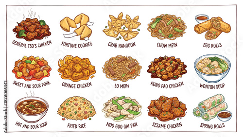 Assorted Asian dishes displayed in a grid, featuring various fried delicacies and noodle bowls, illustrated in a digital graphic style.