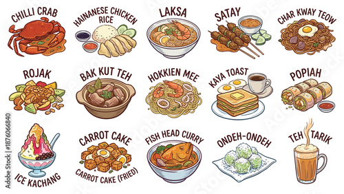 A vibrant illustration showcasing various traditional Malaysian dishes and desserts arranged in a grid pattern