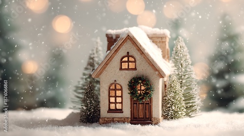 Cozy snow covered house with Christmas wreath on door