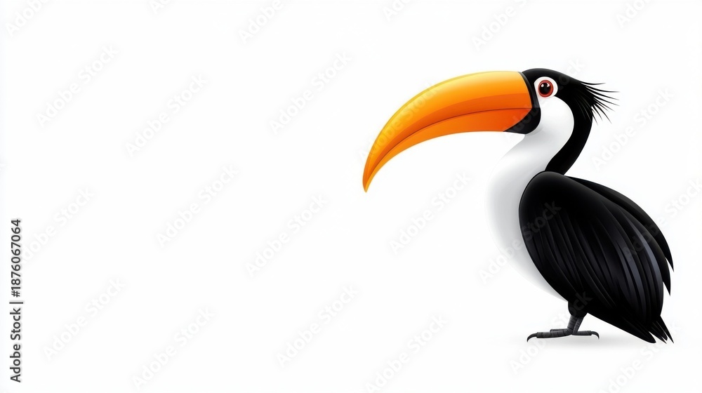 Fototapeta premium Colorful Cartoon Toucan with Bright Orange Beak on White Background