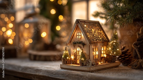 Cozy miniature wooden house with warm lights on snowy surface