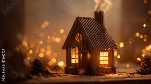 Cozy miniature wooden house with glowing windows in snowy forest