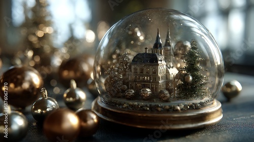 Magical snow globe with castle and Christmas tree inside