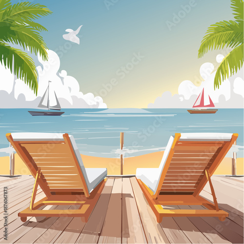 Serene beach scene with wooden deck chairs facing sailboats on calm waters at sunrise