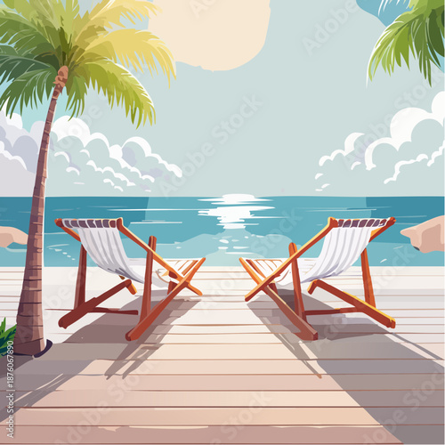 Two deck chairs on a wooden pier facing a serene ocean with palm trees under a sunny sky