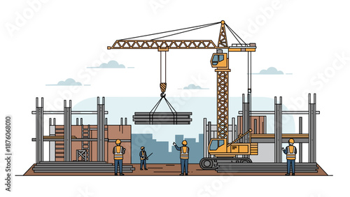 Construction Site with Crane and Workers Building a New Structure.
