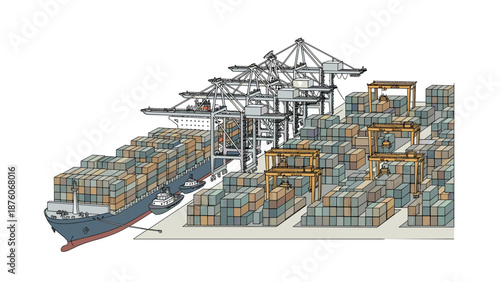 Cargo Ship and Containers at Port Ready for Transport.