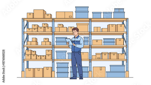 Warehouse Worker Inspecting Inventory in a Storage Facility with Boxes.