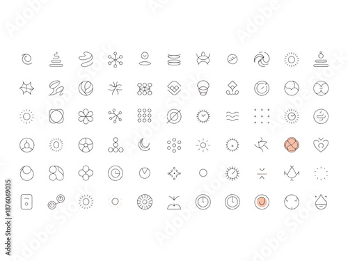 Minimalist Abstract Icon Collection - 70 Thin Line Vector Symbols for Wellness, Creative Branding, Zen Concepts, and Modern UI Design
