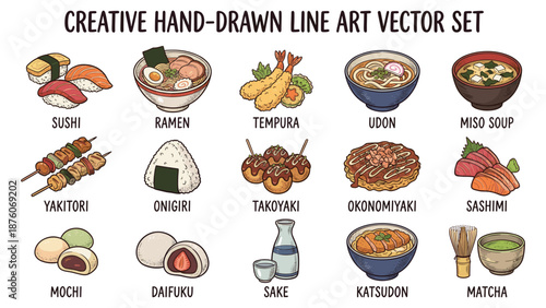 Assorted Japanese Cuisine Illustrations Featuring Sushi, Ramen, Tempura, Udon, and Miso Soup