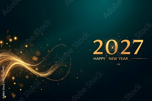 A shimmering golden design with swirling light trails announces the upcoming year of 2027 and new year celebrations