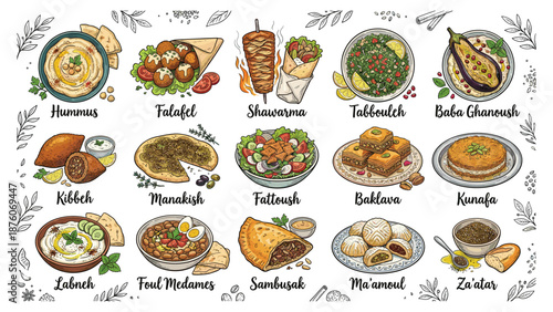 A variety of traditional dishes beautifully arranged on a white background with elegant illustrations and decorative elements