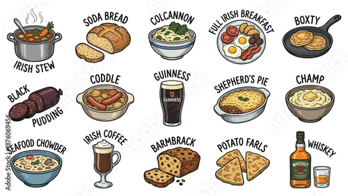 Traditional Irish Breakfast Foods and Beverages Displayed on a White Background